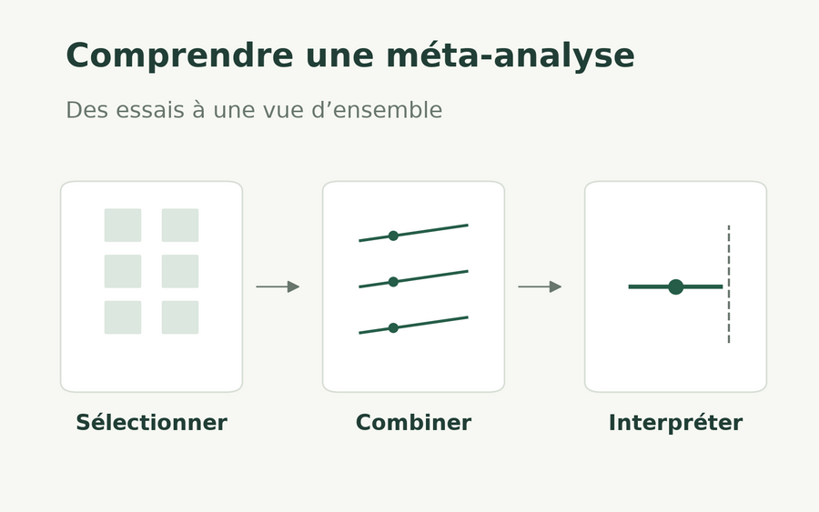Schéma pédagogique d’une méta-analyse : sélectionner des essais, combiner leurs résultats puis interpréter l’estimation. Illustration conceptuelle, sans données cliniques.