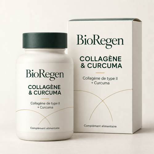 Maquette BioRegen Collagène & Curcuma : flacon ivoire et étui. Visuel de présentation non contractuel.